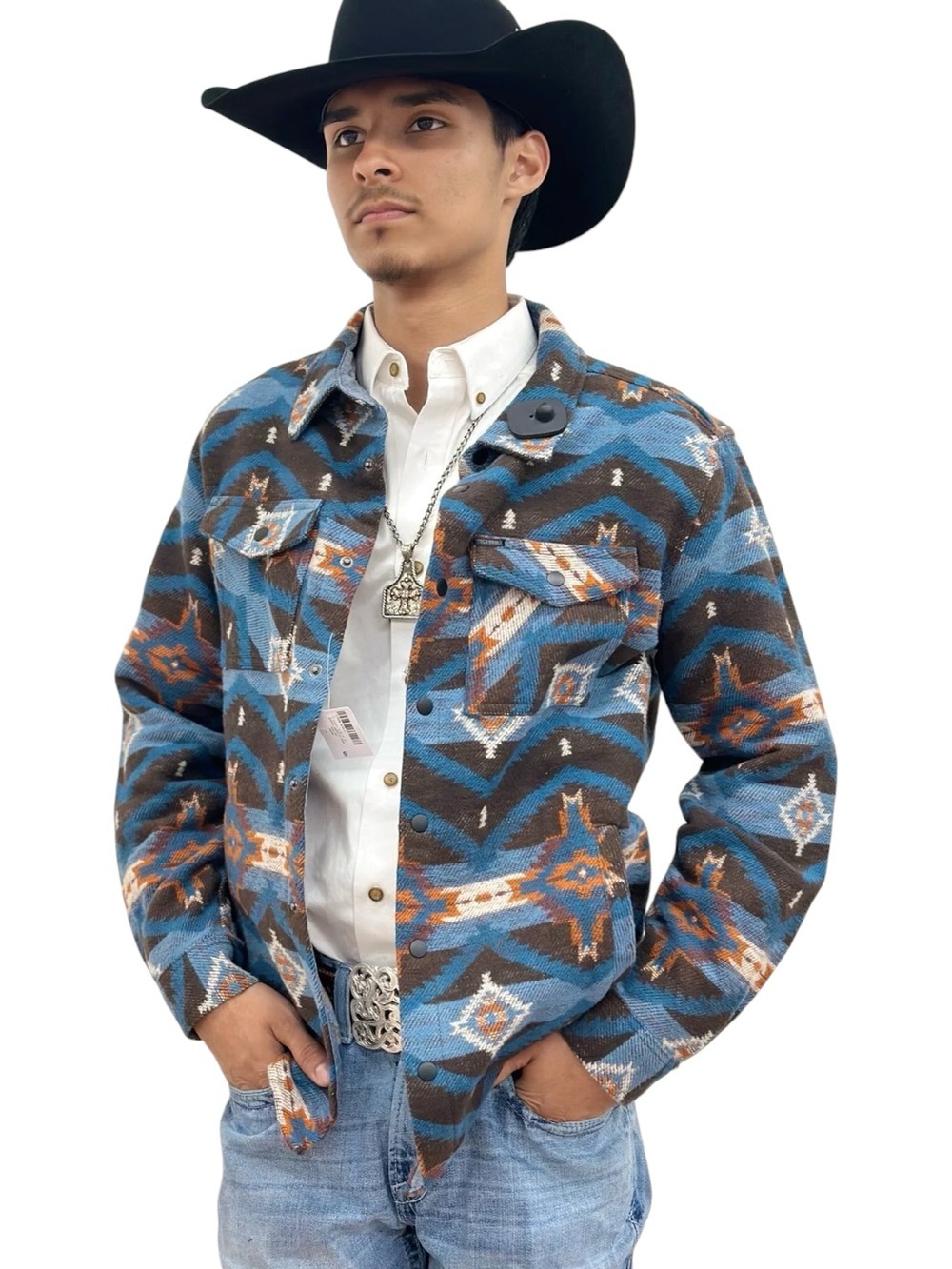 BLUE AZTEC ROCK & ROLL DENIM JACQUARD AZTEC PRINT SNAP-DOWN SHIRT JACKET Medium